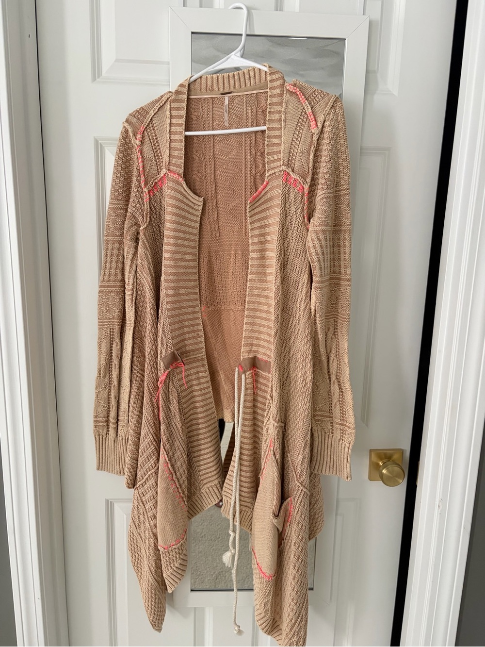 Free People Beige Knit Open-Front Cardigan with Coral Accents